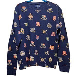 Polo Ralph Lauren Mens Navy Blue Crest Print Sleepwear Sweatshirt Size M 100% Co